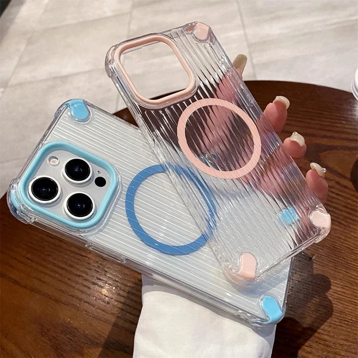 Two clear phone cases with colorful accents.