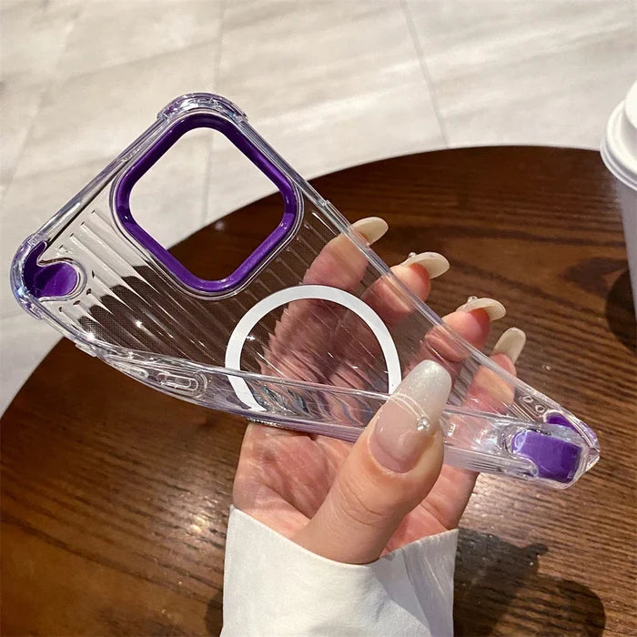 Clear phone case with purple accents.