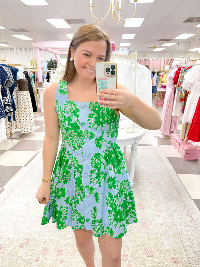 Tabby Floral Eyelet Mini Dress (Green/Blue)