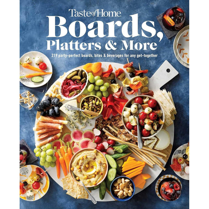 Taste of Home Boards, Platters & More cookbook cover featuring a vibrant charcuterie spread on a white marble board.