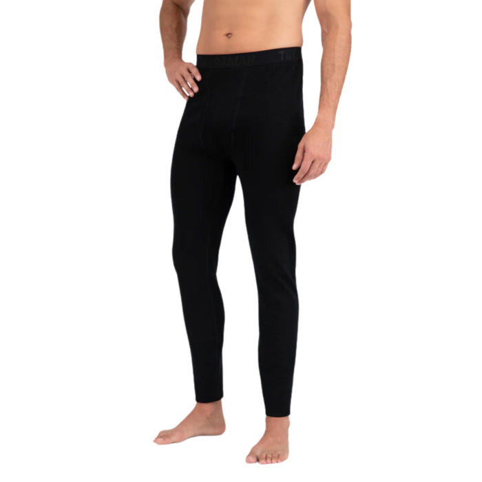 Men wearing black Terramar Ecolator 3.0 midweight thermal pants with a branded elastic waistband and grid fleece texture.