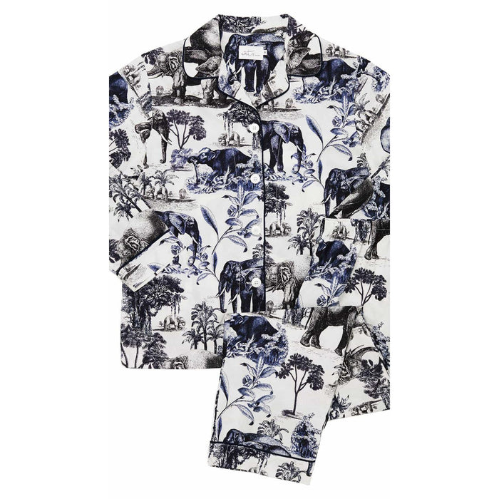 Women's long-sleeve Pima cotton pajama set in white with a blue safari toile elephant print and contrast piping.