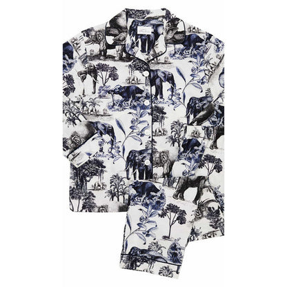 Women's long-sleeve Pima cotton pajama set in white with a blue safari toile elephant print and contrast piping.