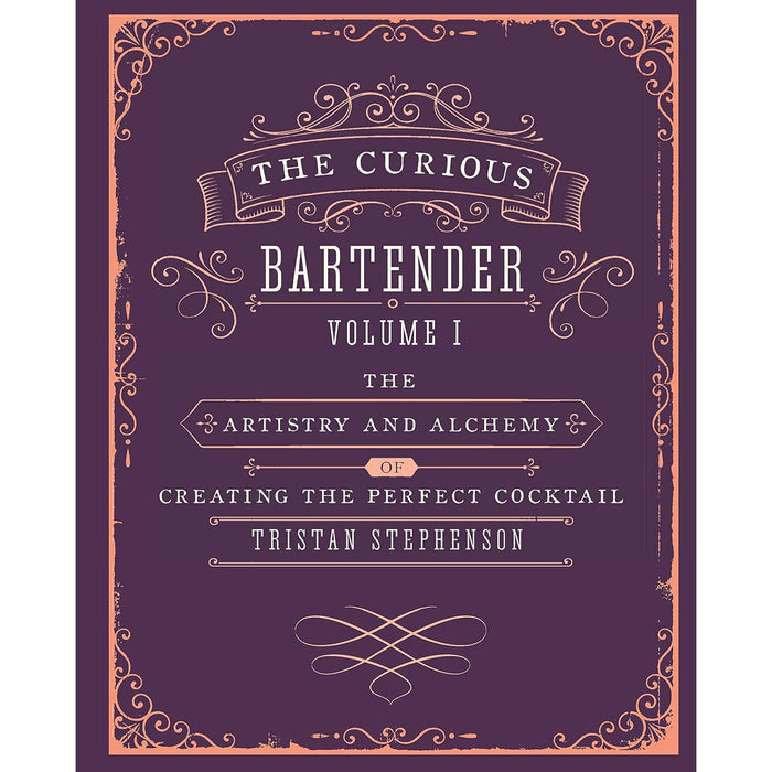 Hardcover book cover for The Curious Bartender Volume 1 with ornate peach-colored filigree on a deep purple background.