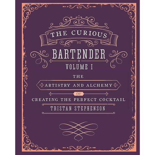 Hardcover book cover for The Curious Bartender Volume 1 with ornate peach-colored filigree on a deep purple background.