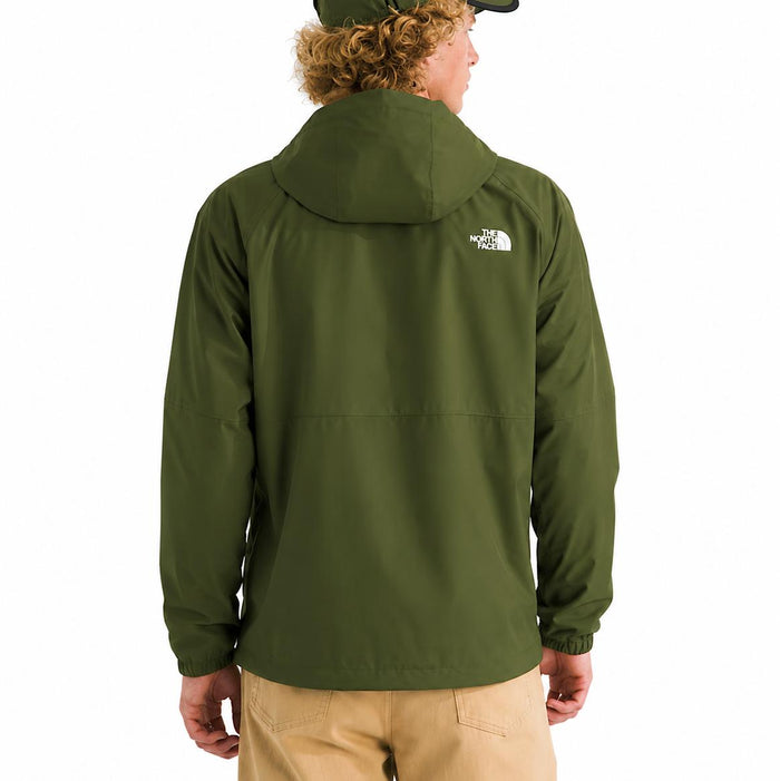 Back view of an olive green The North Face Antora rain jacket with a hood and white logo on a white background.