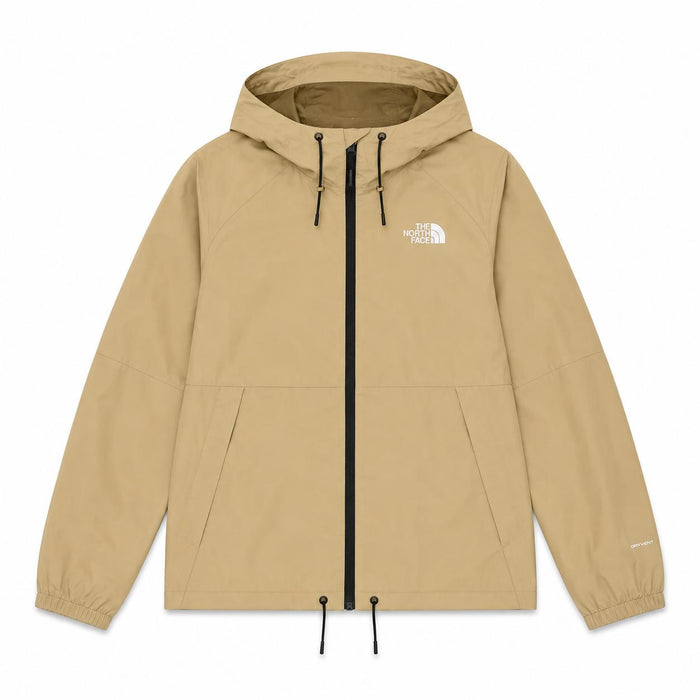 Tan The North Face Antora waterproof rain jacket with an adjustable hood, full-zip front, and DryVent fabric.