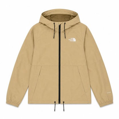 Tan The North Face Antora waterproof rain jacket with an adjustable hood, full-zip front, and DryVent fabric.