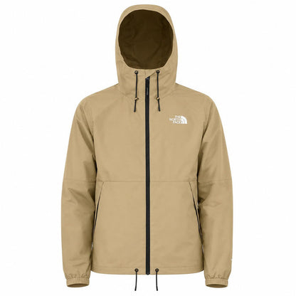 Tan North Face Antora rain jacket with a hood, full-zip front, and white logo on a waterproof shell.