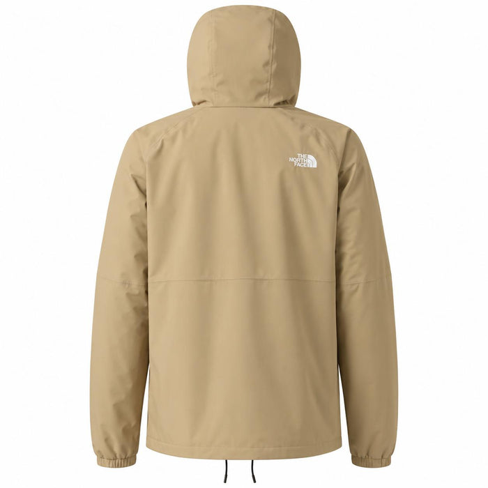 Back view of a tan North Face Antora rain jacket with a hood and white logo on the shoulder.