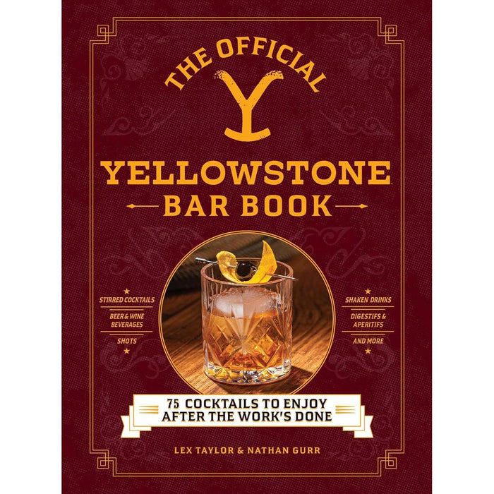 Hardcover The Official Yellowstone Bar Book with a dark red cover, gold text, and a central cocktail glass illustration.