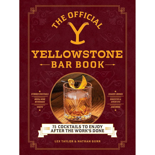 Hardcover The Official Yellowstone Bar Book with a dark red cover, gold text, and a central cocktail glass illustration.