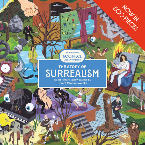 Surrealistic puzzle packaging with various surreal images and a blue box labeled 'The Story of Surrealism'.