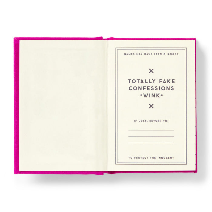 Brass Monkeys Tiny Diary for Not So Tiny Secrets features a bright pink foil-stamped cover, gold-edged pages labeled TOTALLY FAKE CONFESSIONS *WINK*, space for a return address, and a note: NAMES MAY HAVE BEEN CHANGED TO PROTECT THE INNOCENT.