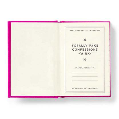 Brass Monkeys Tiny Diary for Not So Tiny Secrets features a bright pink foil-stamped cover, gold-edged pages labeled TOTALLY FAKE CONFESSIONS *WINK*, space for a return address, and a note: NAMES MAY HAVE BEEN CHANGED TO PROTECT THE INNOCENT.
