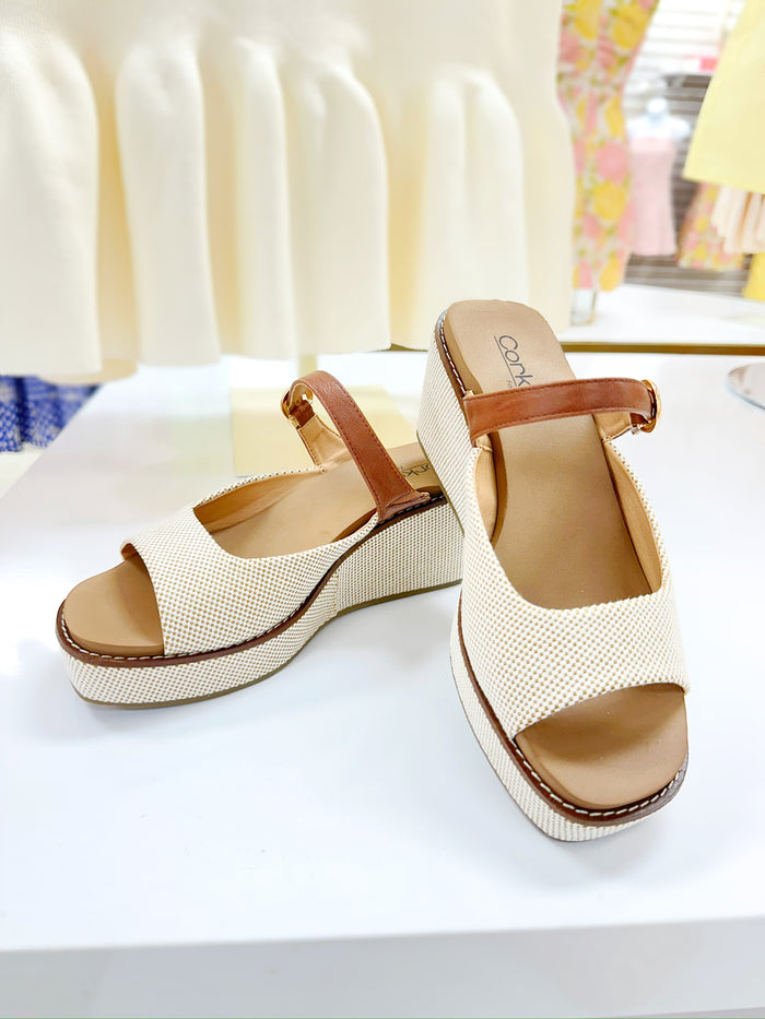 Treat Yourself Linen/Brown Wedge Shoe