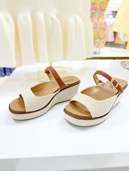Treat Yourself Linen/Brown Wedge Shoe