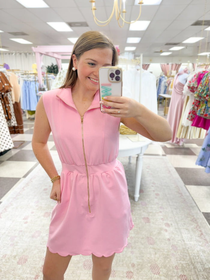 Tulip Scalloped Collar/Hem Zip Up Dress " Bubble Gum Pink"