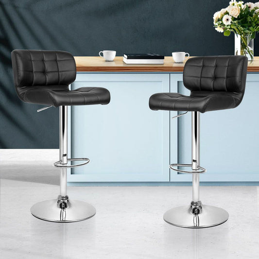Two Bar Stools Gas Lift Leather Padded Stool Black -Home Living Store - -