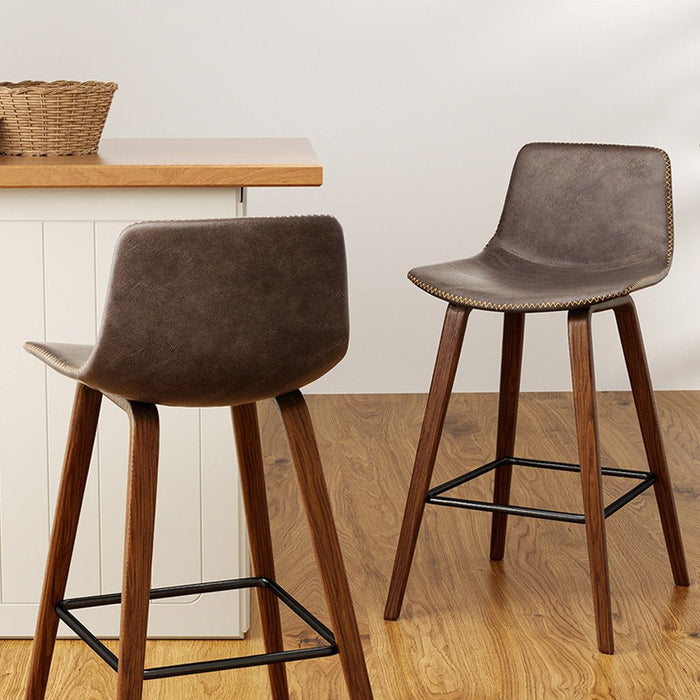 Two Bar Stools Kitchen Counter Barstools Leather Wooden Chairs -Home Living Store - -