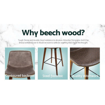 Two Bar Stools Kitchen Counter Barstools Leather Wooden Chairs -Home Living Store - -