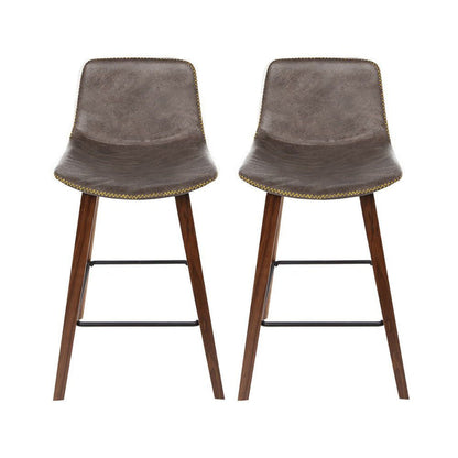 Two Bar Stools Kitchen Counter Barstools Leather Wooden Chairs -Home Living Store - -