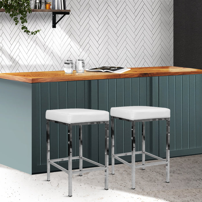 Two Bar Stools Leather Padded Metal White-Home Living Store-Furniture > Chairs > Table & Bar Stools