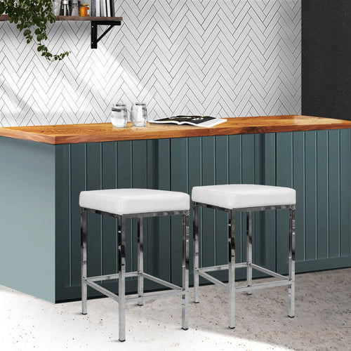 Two Bar Stools Leather Padded Metal White-Home Living Store-Furniture > Chairs > Table & Bar Stools