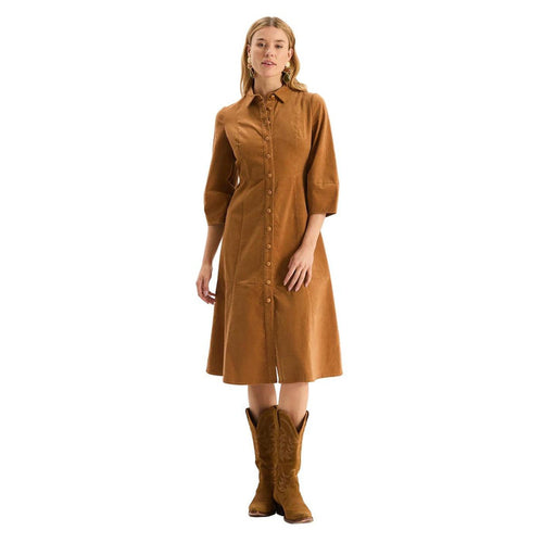 Brown pinwale corduroy midi dress with a collared neckline, button-down front, and short sleeves on a model.
