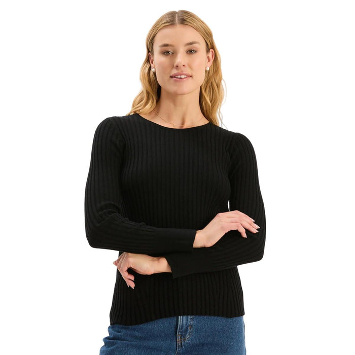 Fitted black long-sleeve crewneck top in a soft, stretch-ribbed cotton-cashmere blend.