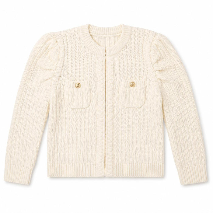 Cream cotton-blend knit cardigan with puffed shoulders, front patch pockets, and decorative gold buttons.