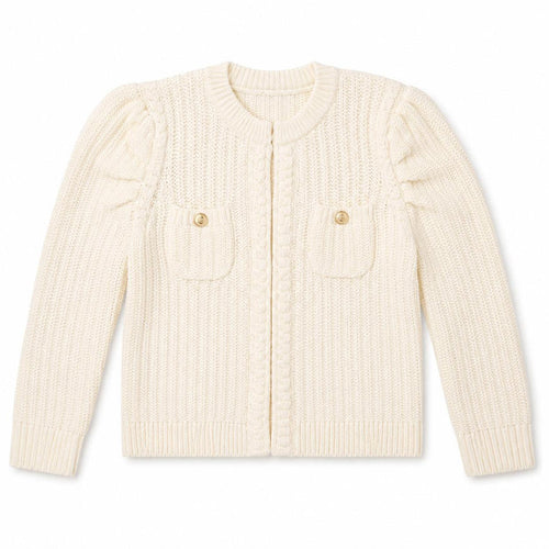 Cream cotton-blend knit cardigan with puffed shoulders, front patch pockets, and decorative gold buttons.