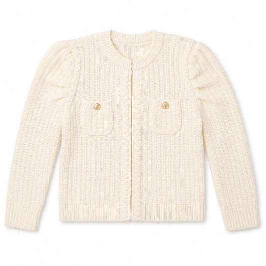 Cream cotton-blend knit cardigan with puffed shoulders, front patch pockets, and decorative gold buttons.