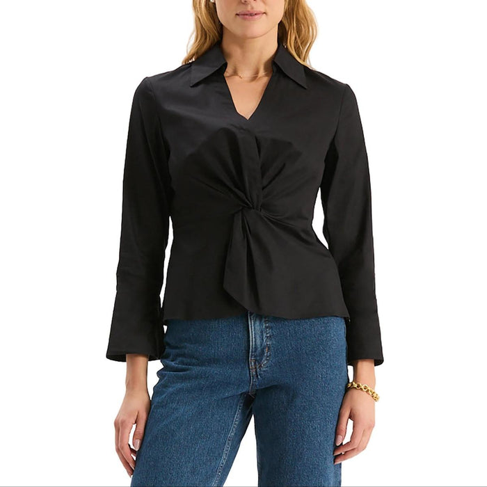 Black long-sleeve cotton top featuring a V-neck, structured collar, and a stylish twisted front detail.