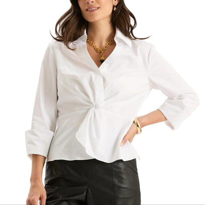 White Tyler Boe cotton long-sleeve top featuring a V-neck collar and a modern twisted front detail.