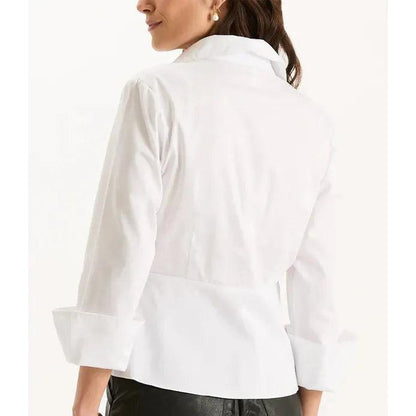 Tyler Boe white cotton long-sleeve button-down top with a structured collar and flared hem, viewed from the back.