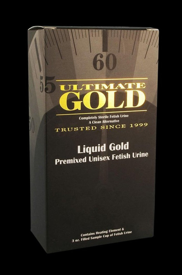 Front view of the Ultimate Gold Liquid Gold Premixed Unisex Fetish Urine packaging, featuring gold lettering on a dark background.