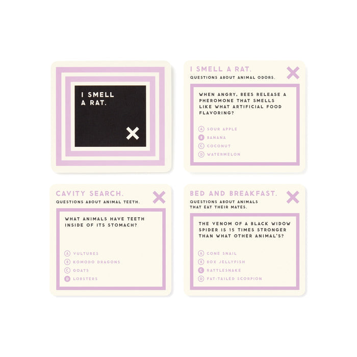 Four cards from Brass Monkeys Useless Animal Trivia are shown. The top left says I smell a rat, while the others feature quirky animal facts and multiple-choice questions about foods, teeth, and mates.