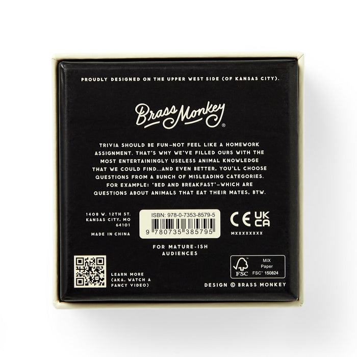 The back of the Useless Animal Trivia by Brass Monkey features the logo, a quirky game description, barcode, age and safety icons, plus location info—all in white text on a black background.