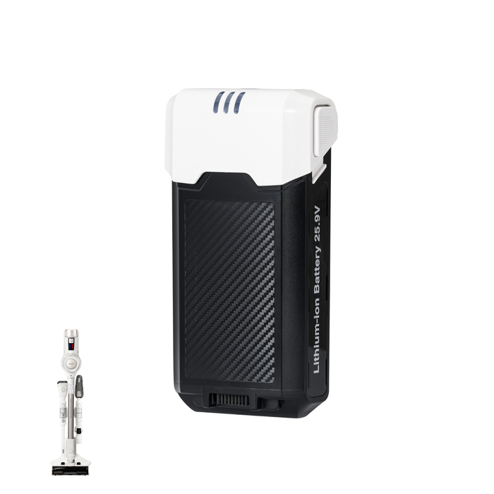 Vacuum replacement lithium-ion battery (25.9V) for CVC-A1410W, shown next to the compatible cordless vacuum cleaner. (CVCB-A2000NW)