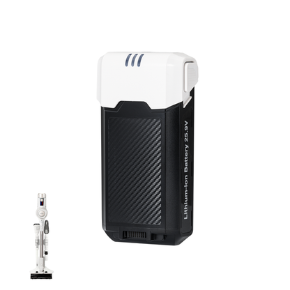 Vacuum replacement lithium-ion battery (25.9V) for CVC-A1410W, shown next to the compatible cordless vacuum cleaner. (CVCB-A2000NW)