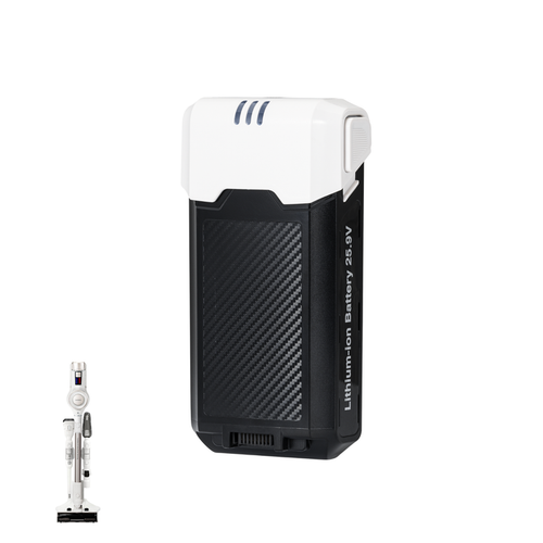 Vacuum replacement lithium-ion battery (25.9V) for CVC-A1410W, shown next to the compatible cordless vacuum cleaner. (CVCB-A2000NW)