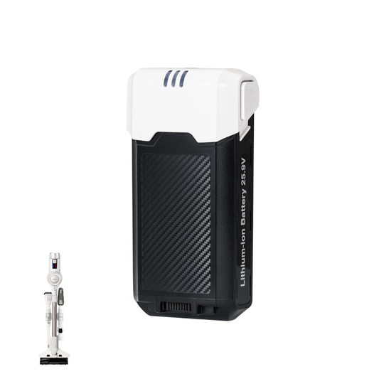 Vacuum replacement lithium-ion battery (25.9V) for CVC-A1410W, shown next to the compatible cordless vacuum cleaner. (CVCB-A2000NW)