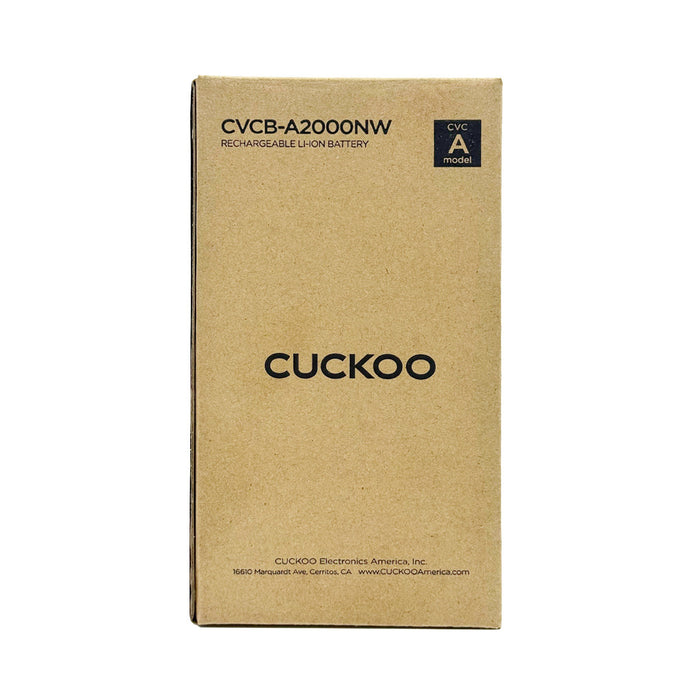 CUCKOO rechargeable lithium-ion battery packaging box, model CVCB-A2000NW, featuring brand logo and company details. (CVCB-A2000NW)