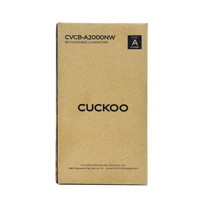 CUCKOO rechargeable lithium-ion battery packaging box, model CVCB-A2000NW, featuring brand logo and company details. (CVCB-A2000NW)