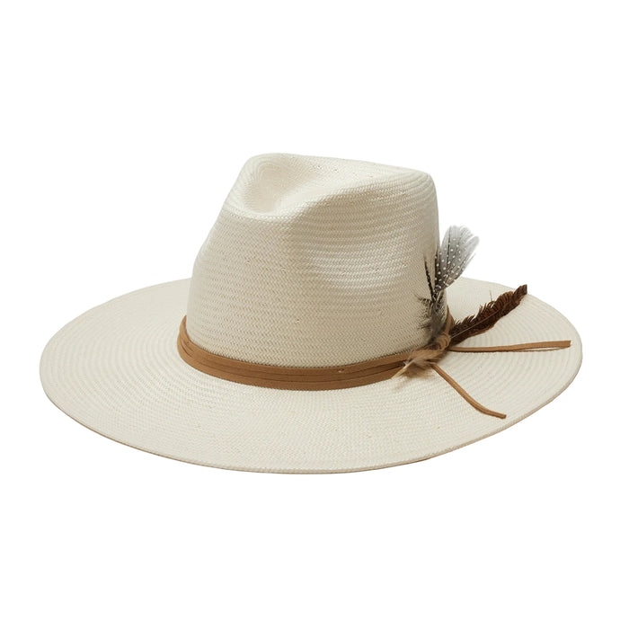 Valencia straw hat in cream Japanese Toyo straw with a brown leather strap and decorative feather accent.