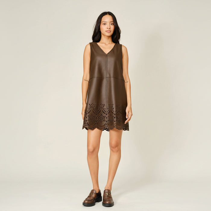 Vegan Leather Embroidered Mini Dress