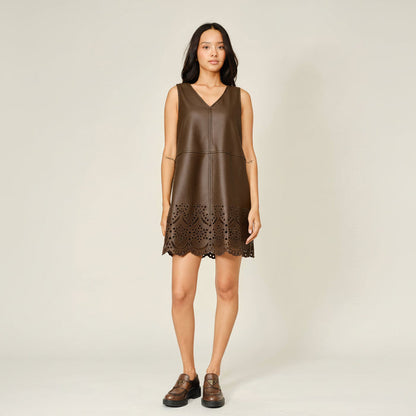 Vegan Leather Embroidered Mini Dress