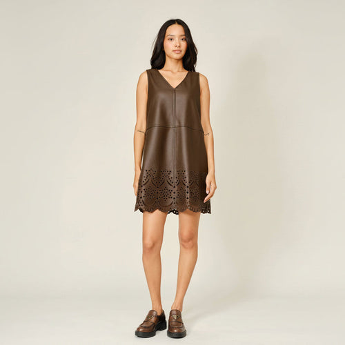 Vegan Leather Embroidered Mini Dress