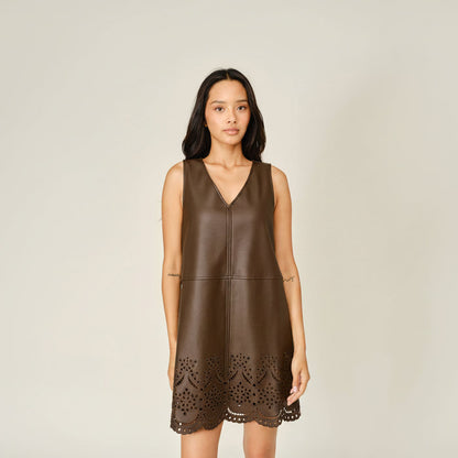 Vegan Leather Embroidered Mini Dress